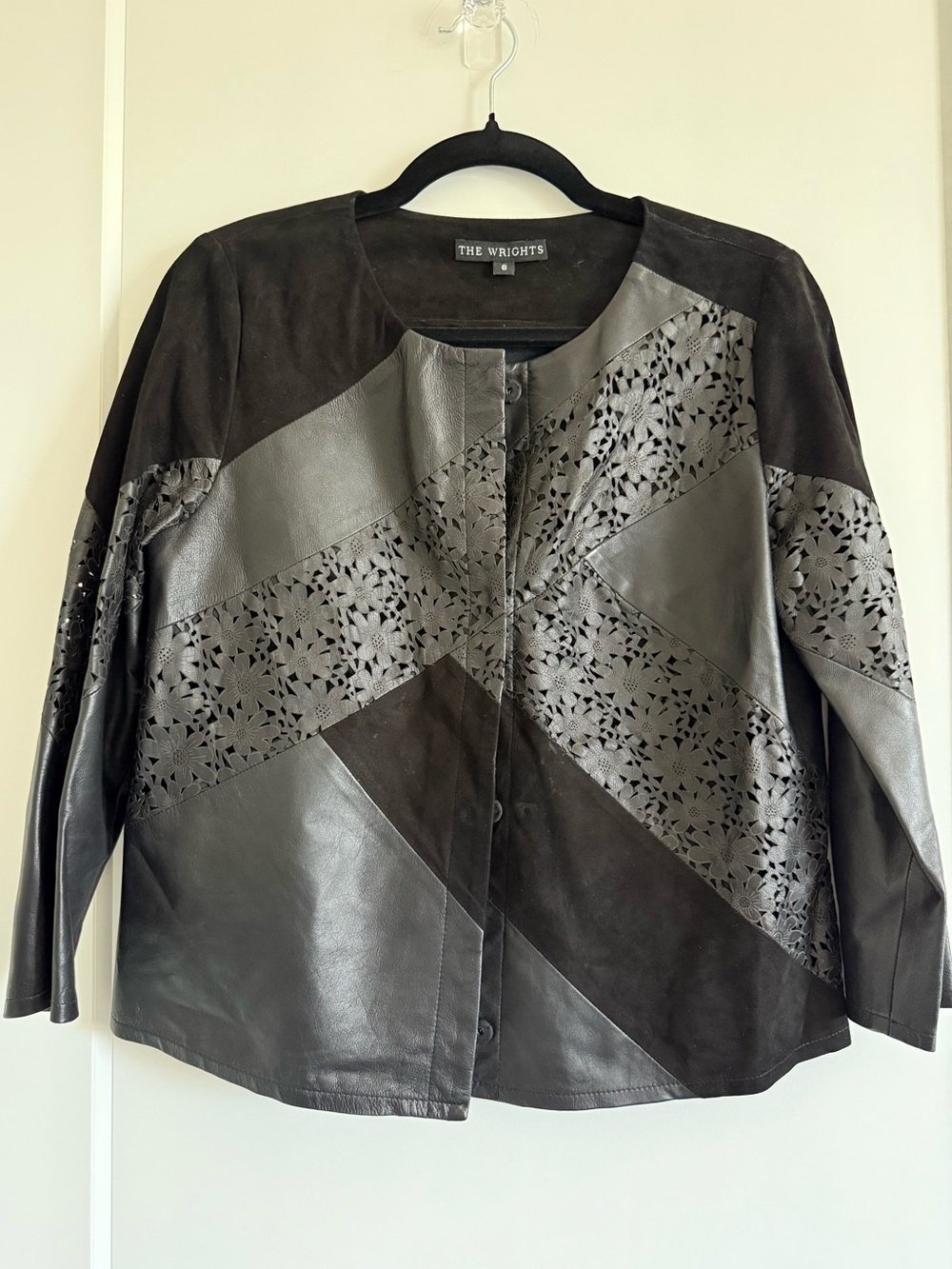 The Wrights Black Leather & Suede Laser-Cut Panel Jacket Size 6